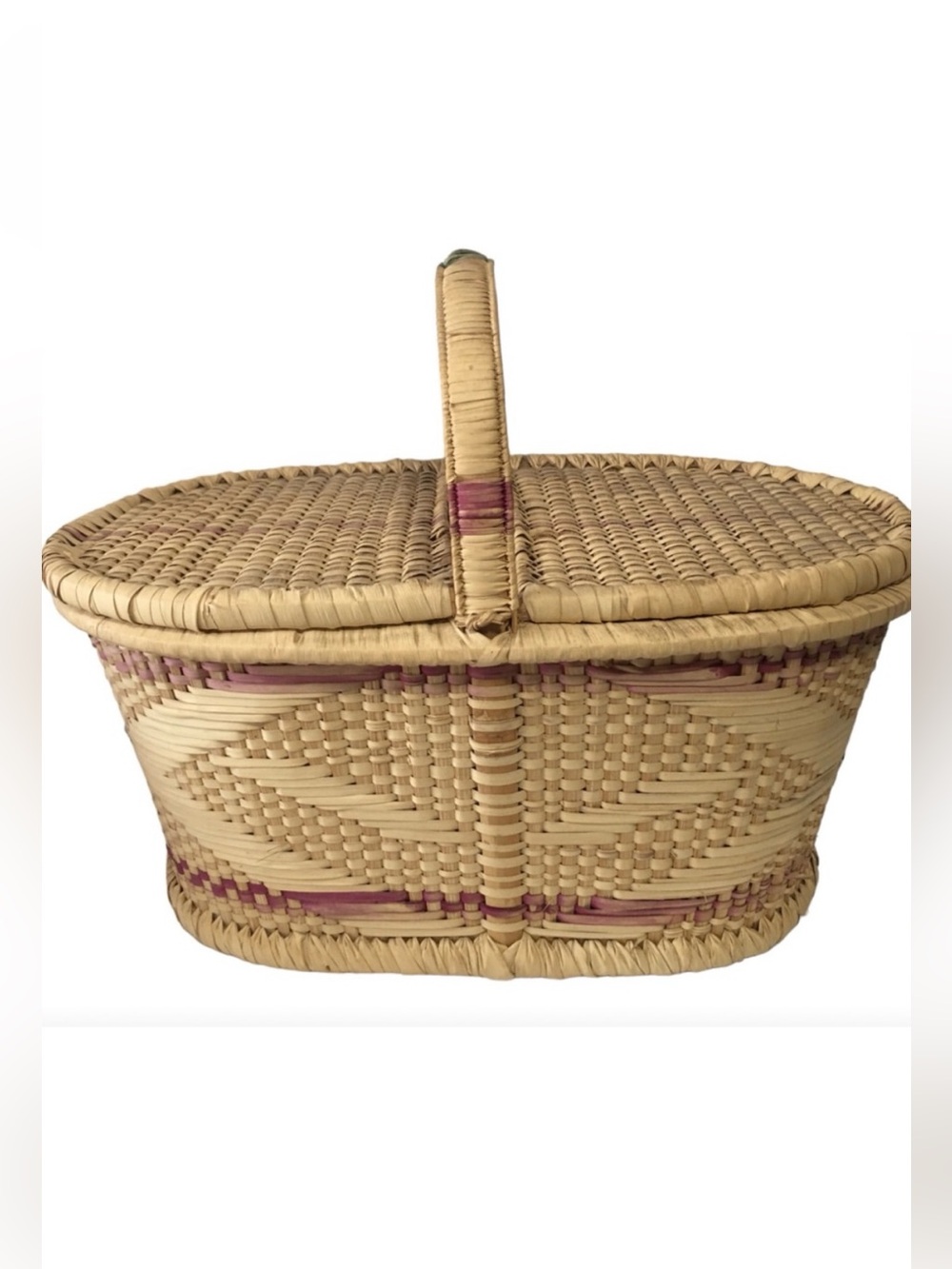 VTG LG Woven Wicker Oval PICNIC BASKET Split Lid Chevron pattern WEDDING GIFT